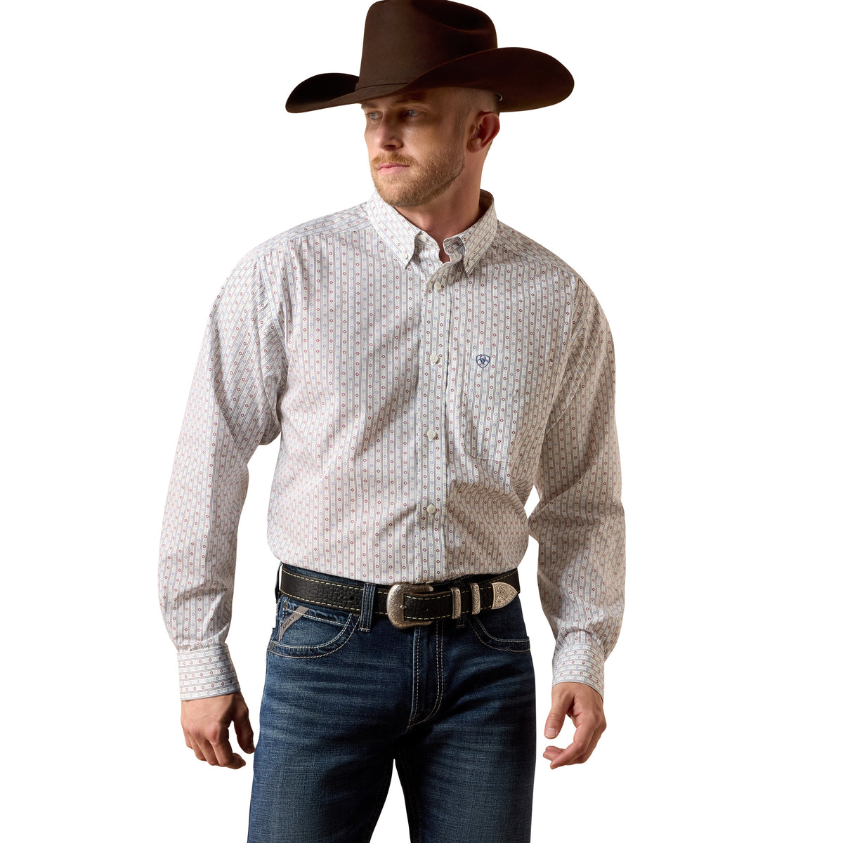 Ariat men's wrinkle-free Willke classic fit shirt in white with multi-geo mini stripe pattern, shown on a mannequin.