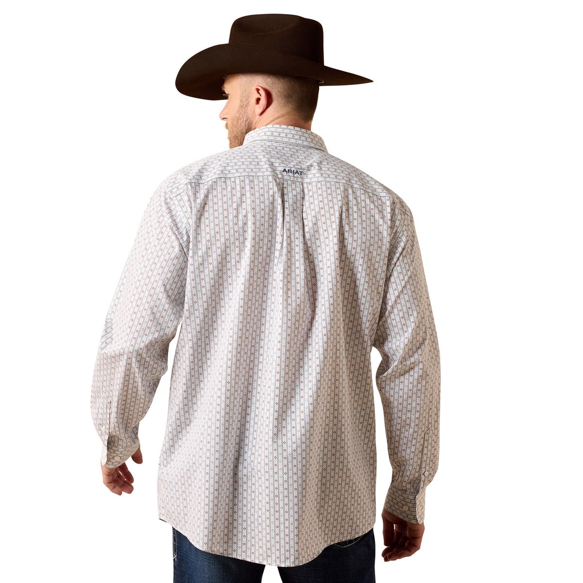 Ariat men's wrinkle-free Willke classic fit shirt in white with multi-geo mini stripe pattern, long sleeve, collared casual shirt.