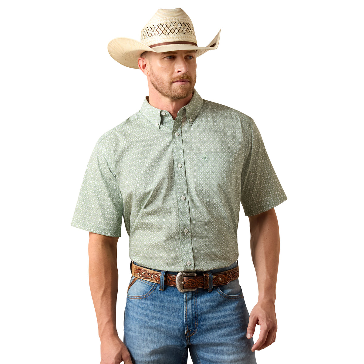 Ariat men's wrinkle-free Worthington classic fit shirt in Laurel Green with a Southwest print, featuring long sleeves and collar.