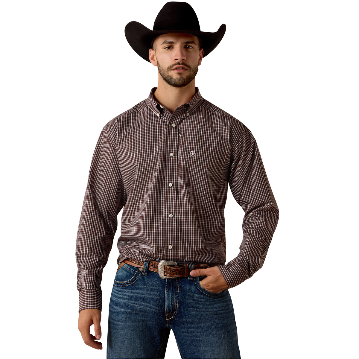 Ariat men's wrinkle-free Wylder classic fit shirt in Java micro plaid, featuring a button-down collar and long sleeves.