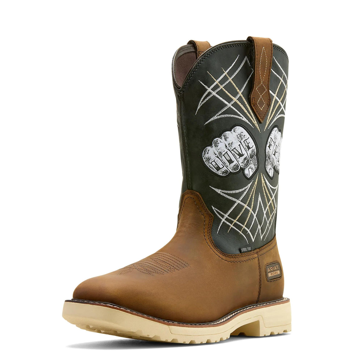 Ariat Men's Activator Live Free Wide Square Toe Steel Toe Work Boot, Distressed Brown|Storm – 3-4 front