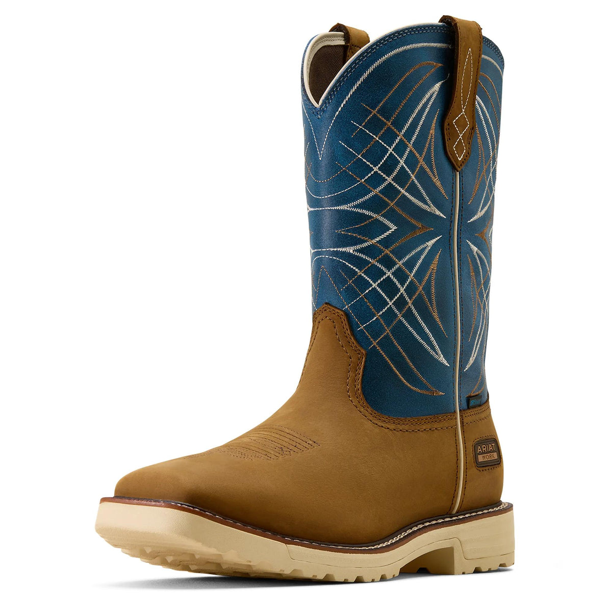 Ariat Men's Activator Waterproof Wide Square Toe Work Boot, Dusted Brown|Basin Blue – 3-4 front
