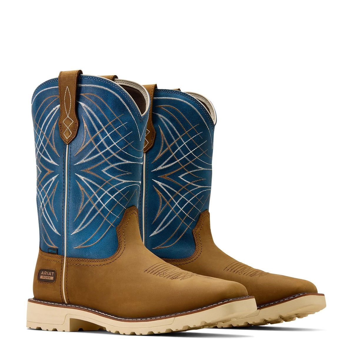 Ariat Men's Activator Waterproof Wide Square Toe Work Boot, Dusted Brown|Basin Blue – pair
