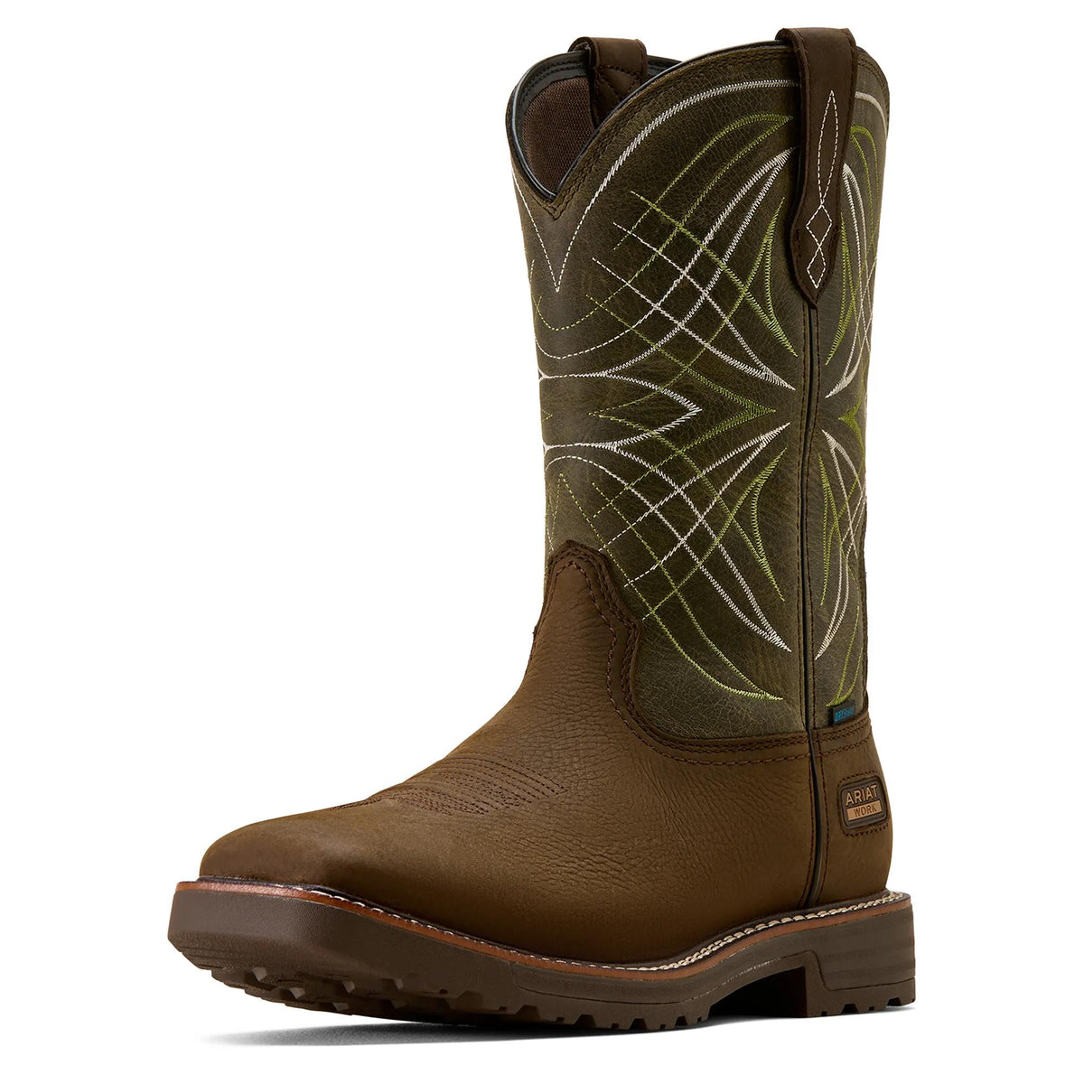 Ariat Men's Activator Waterproof Work Boot, Dark Brown|Green – 3-4 front