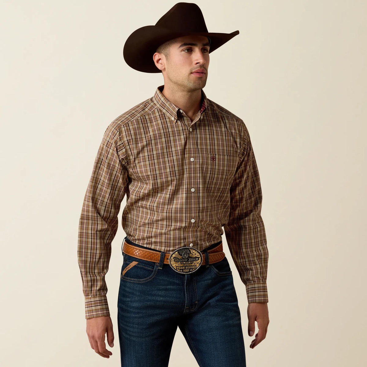Ariat Men's Wrinkle Free Rease Classic Fit Shirt, Butternut Medium Plaid – front