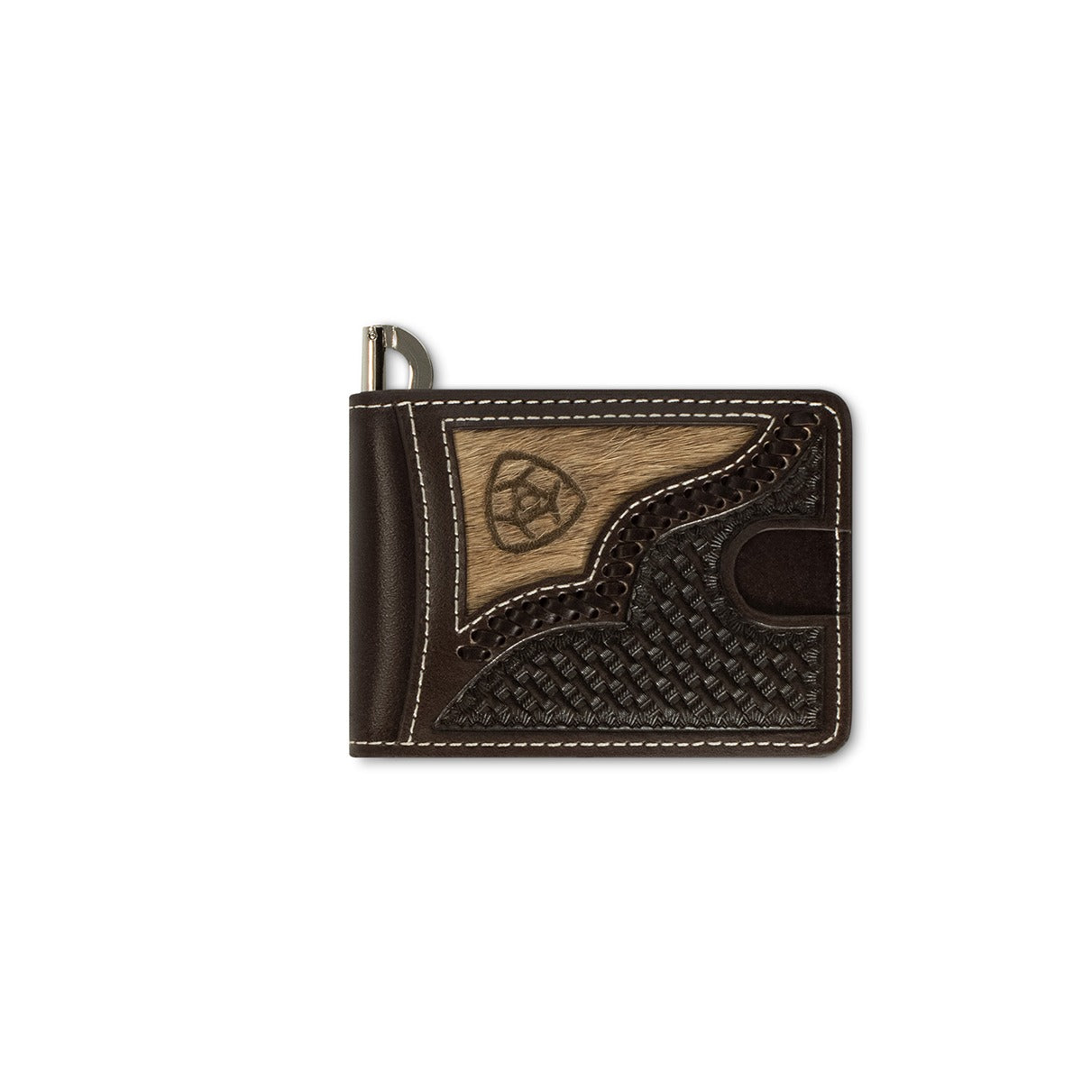 Ariat Men's Calf Hair Overlay Bifold Money Clip Wallet, Chocolate – front