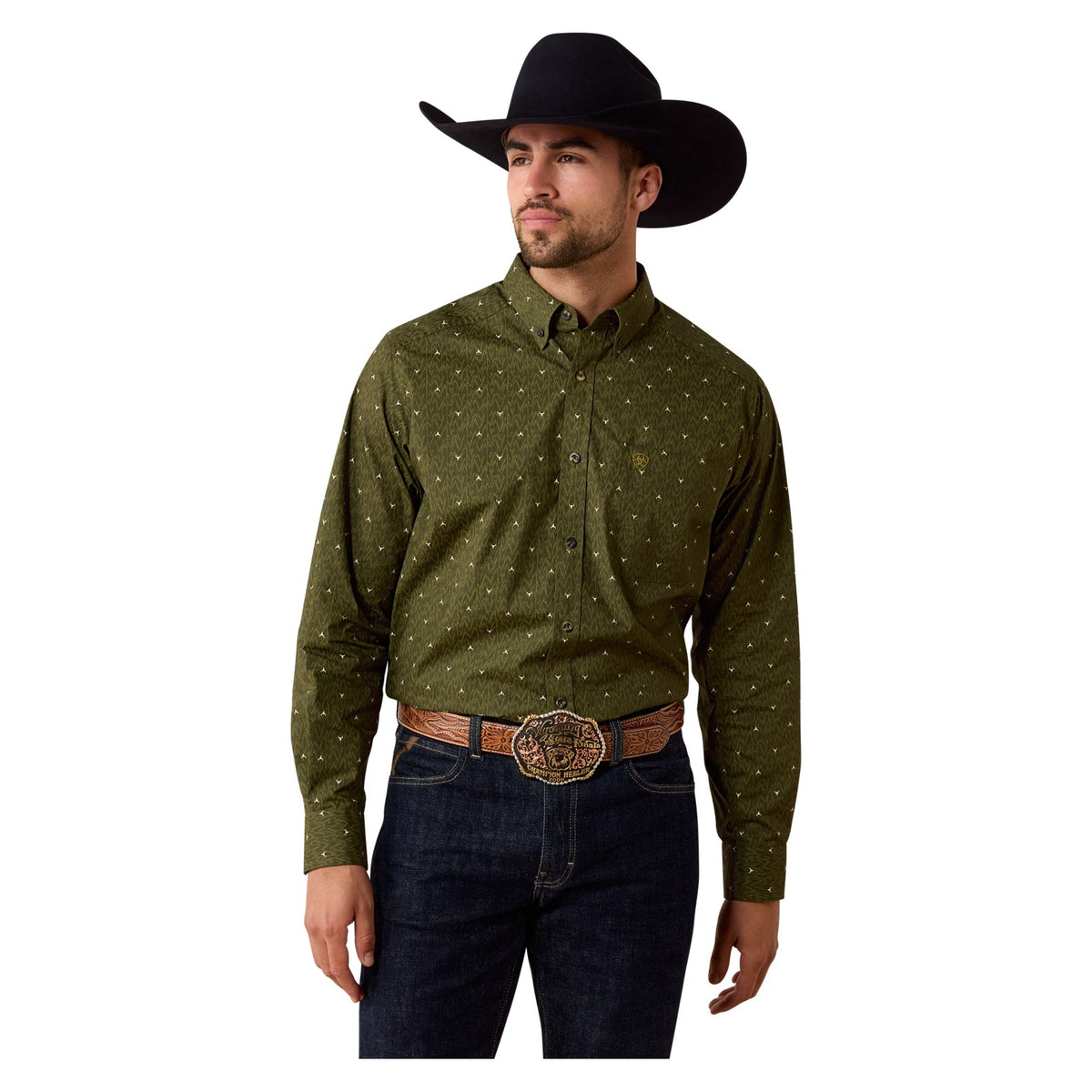 Ariat Men's Chad Classic Fit Shirt, Grape Leaf Ikat Longhorn Print – front