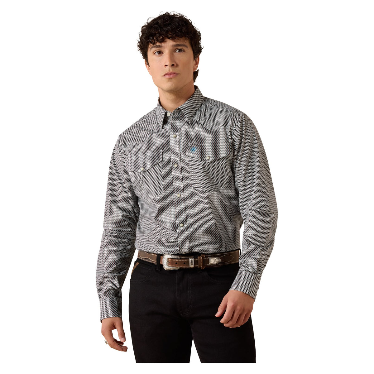 Ariat Men's Chas Fitted Snap Shirt, Black/White Multi Geo Print – front