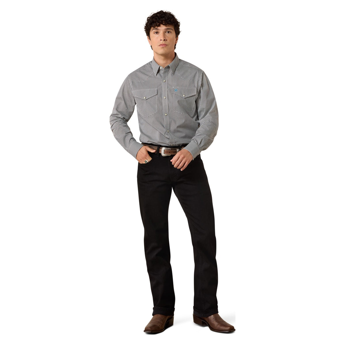 Ariat Men's Chas Fitted Snap Shirt, Black/White Multi Geo Print – full length