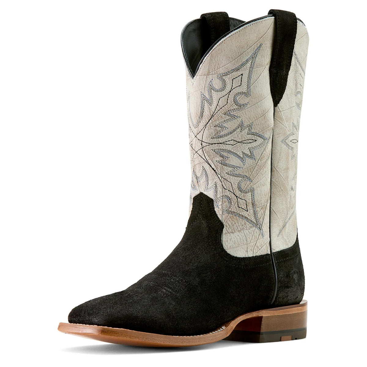 Ariat Men's Circuit Gritty Wide Square Toe Cowboy Boot, Black Roughout|Shredded White – 3-4 front