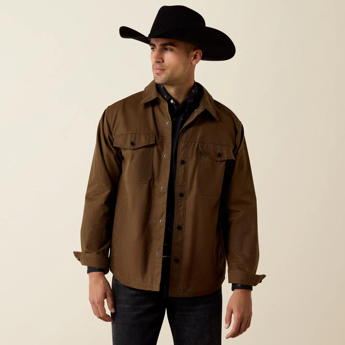 Ariat Men's Waxed Cotton Shirt Jacket, Dark Brown – front