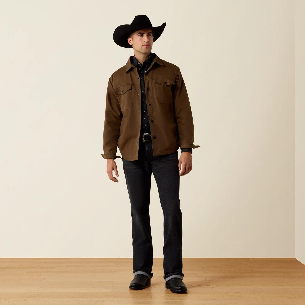 Ariat Men's Waxed Cotton Shirt Jacket, Dark Brown – full length