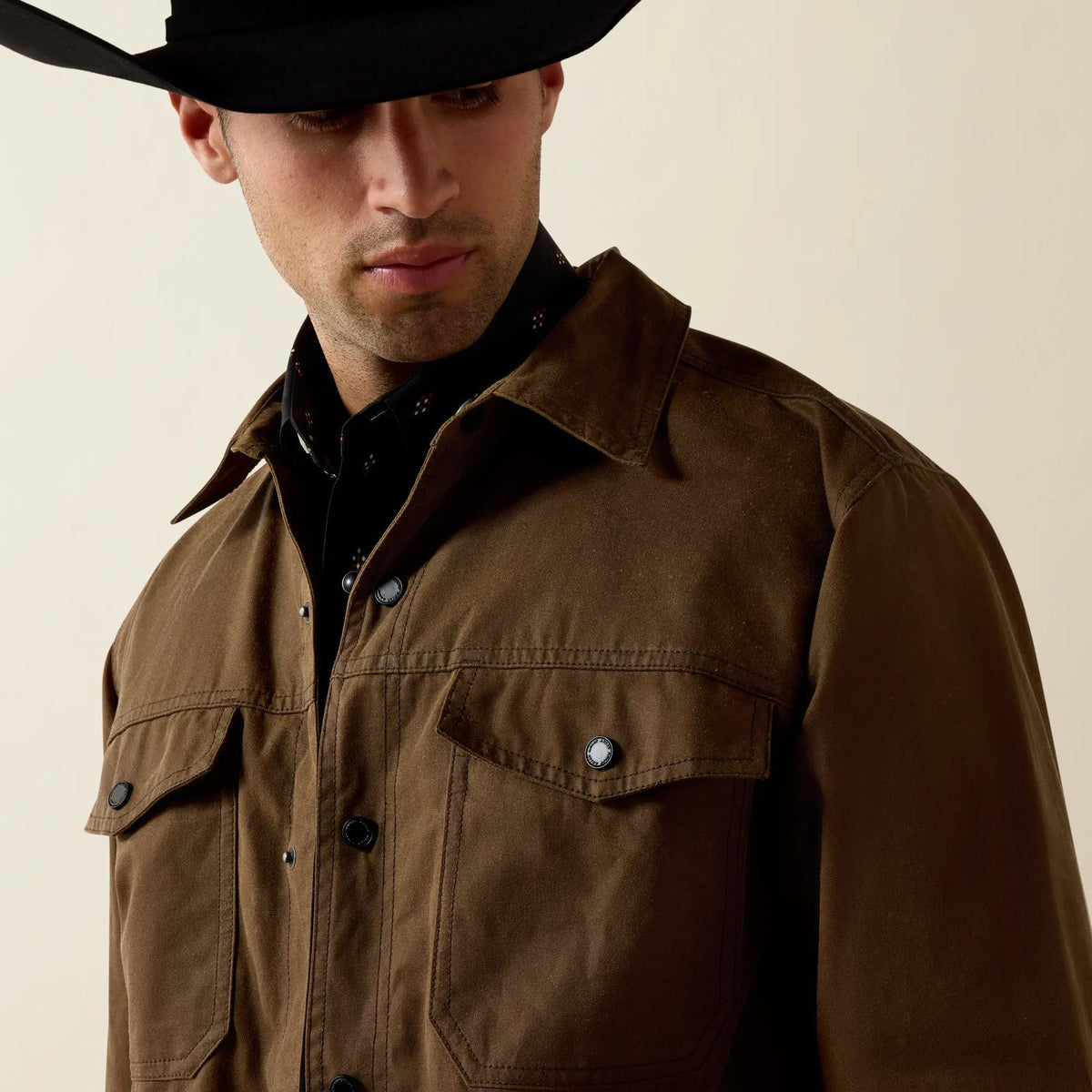 Ariat Men's Waxed Cotton Shirt Jacket, Dark Brown – detail