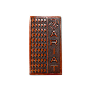 Ariat men's brown leather rodeo wallet with diamond-embossed pattern.