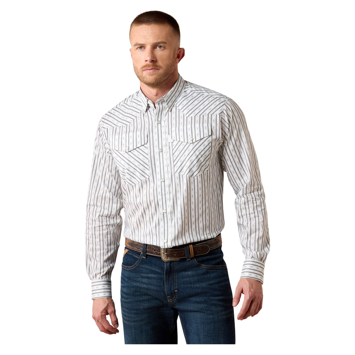 Ariat Men's Everything Classic Fit Snap Shirt, White Geo Stripe – front
