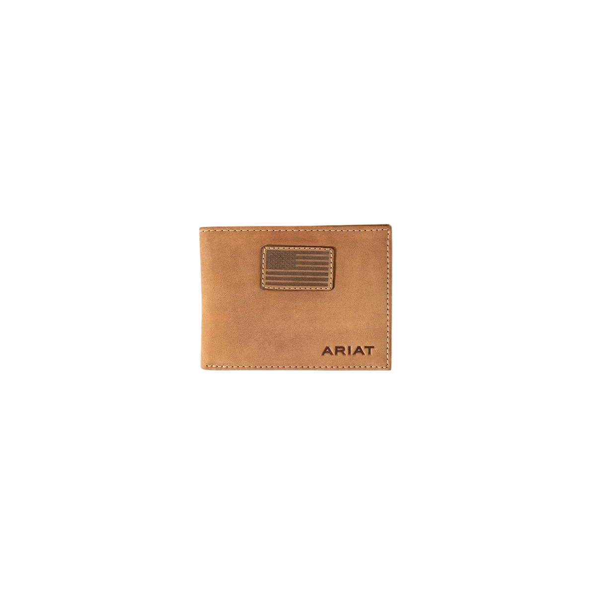 Ariat men's bifold wallet with American flag patch, made by M&F, featuring multiple card slots and a wallet compartment.