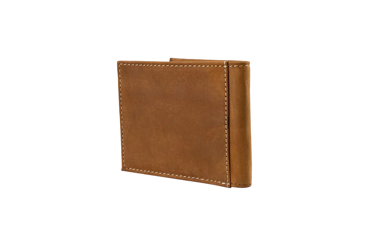 Ariat men's bifold wallet with flag patch detail, featuring multiple card slots and a classic leather design.