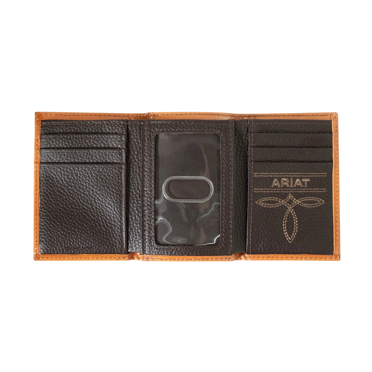Ariat men's floral embossed tri-fold wallet with detailed floral pattern and multiple card slots, made of leather.