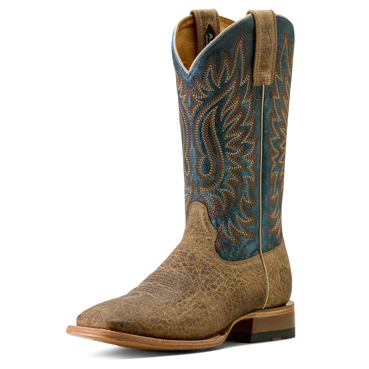 Ariat Men's Gold Point Wide Square Toe Cowboy Boot, Earth Brown Bison|Royal Blue – 3-4 front
