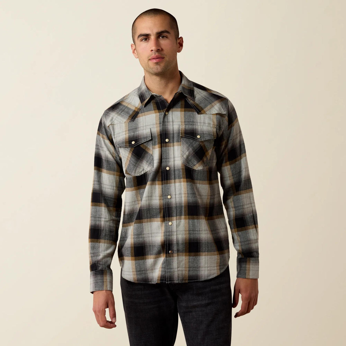 Ariat Men's Retro Heinz Fitted Snap Shirt, Grey Heather Plaid – front