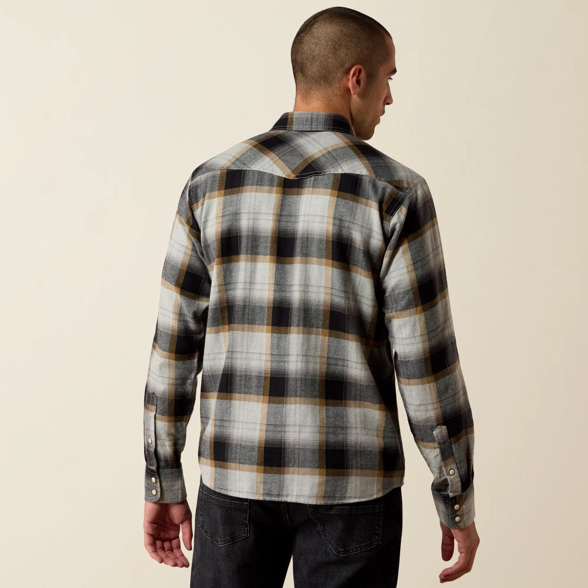 Ariat Men's Retro Heinz Fitted Snap Shirt, Grey Heather Plaid – back