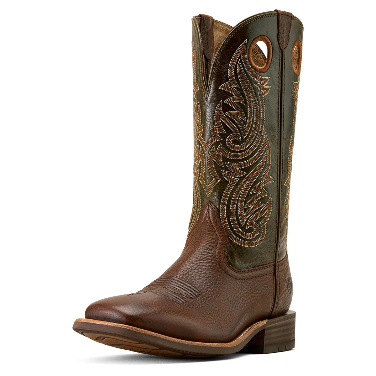 Ariat Men's Highland Toughstock Wide Square Toe Cowboy Boot, Brown Oiled Rowdy|Timber Olive – 3-4 front