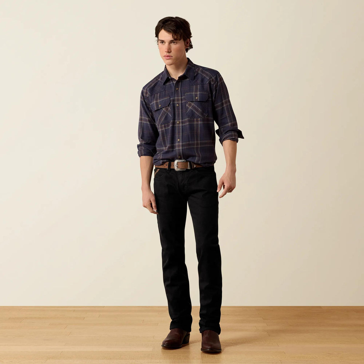 Ariat Men's Retro Haas Fitted Snap Shirt, Ombre Blue Plaid – full length