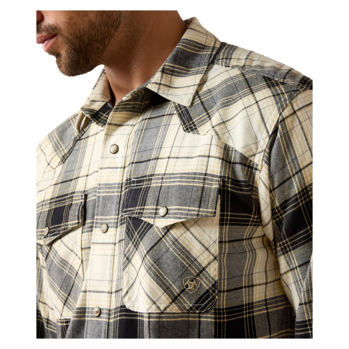 Ariat Men's Retro Harmon Fitted Snap Shirt, Beluga Green Plaid – detail