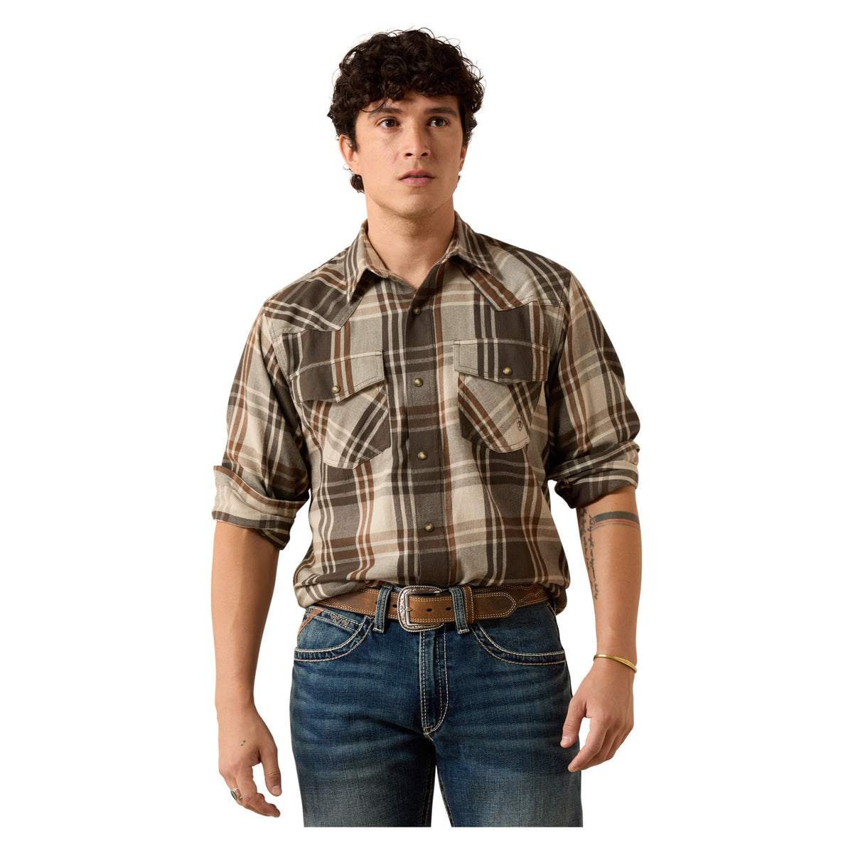 Ariat Men's Retro Howell Fitted Snap Shirt, Dusky Green Plaid – front