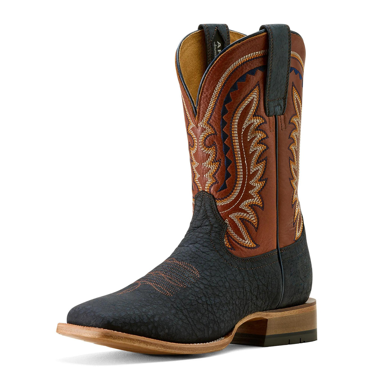 Ariat Men's Rock Ridge Wide Square Toe Western Boot, Navy Bison|Ginger Spice – 3-4 front