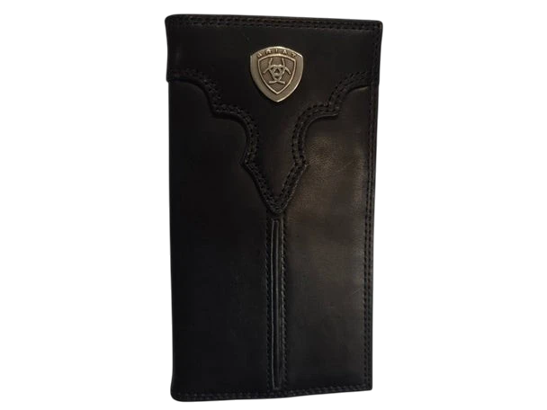 Ariat men's black Rodeo Wallet with center bump shield, showcasing durable leather design and multiple card slots.