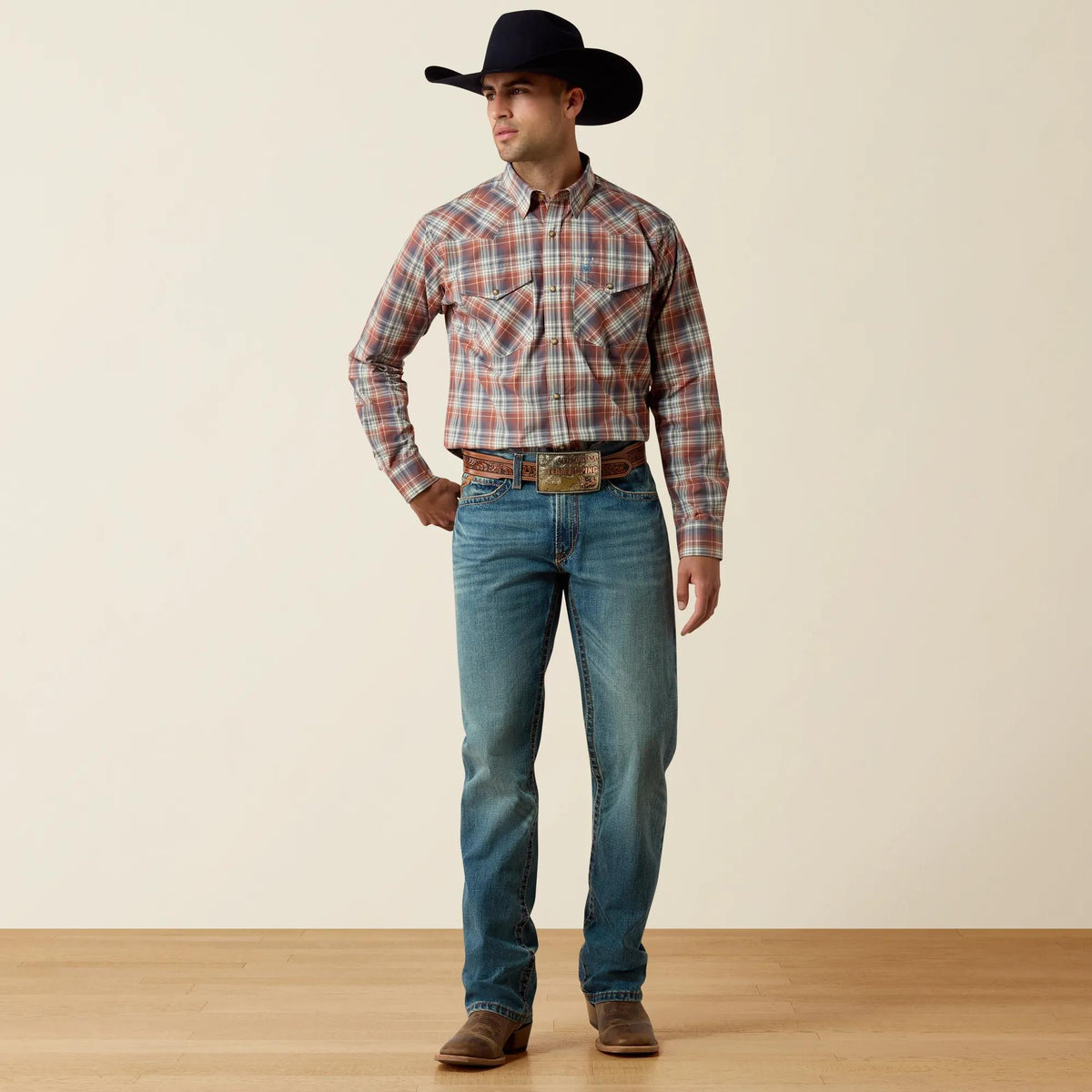 Ariat Men's Pro Series Ames Classic Fit Snap Shirt, Rust Multi Medium Plaid – full length