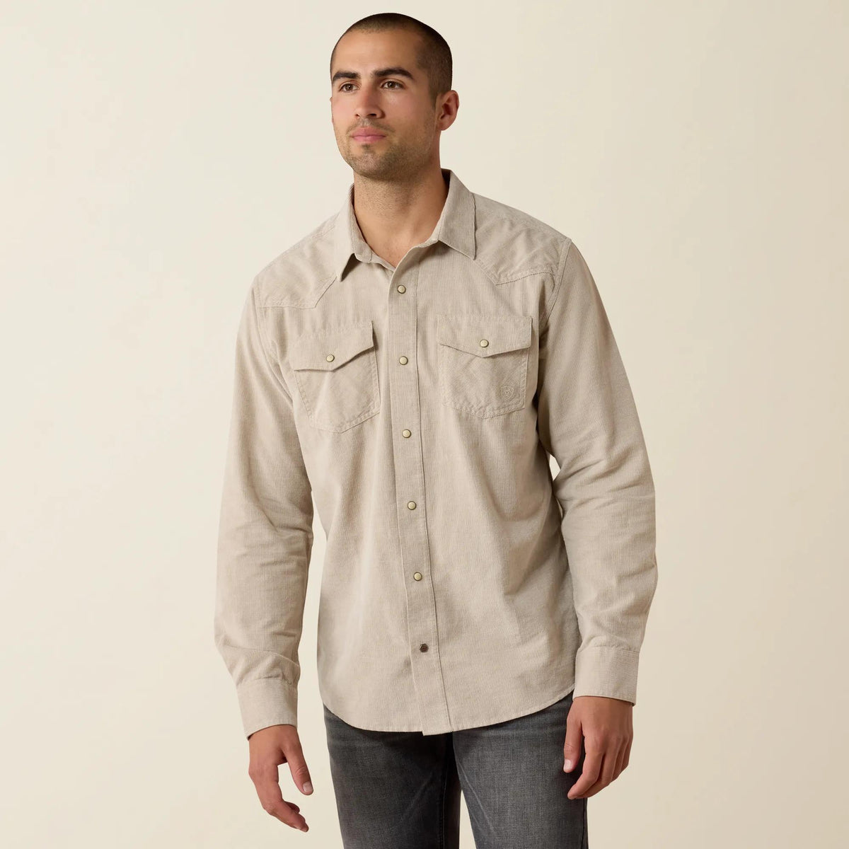 Ariat Men's Retro Handorf Corduroy Fitted Snap Shirt, Sand – front
