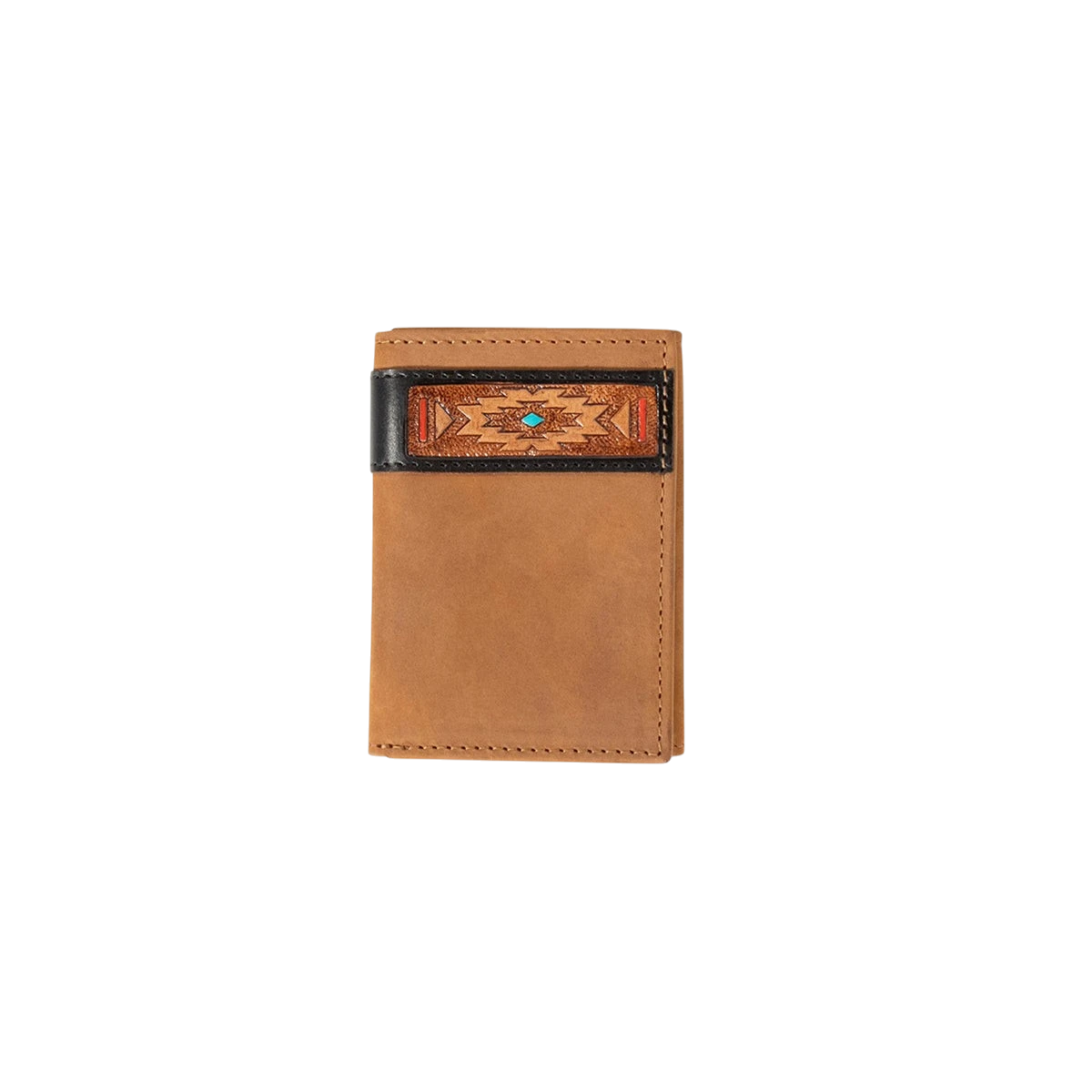 Aged Bark Ariat men's Southwestern trifold wallet made of leather, featuring detailed Western-style stitching and multiple card slots.