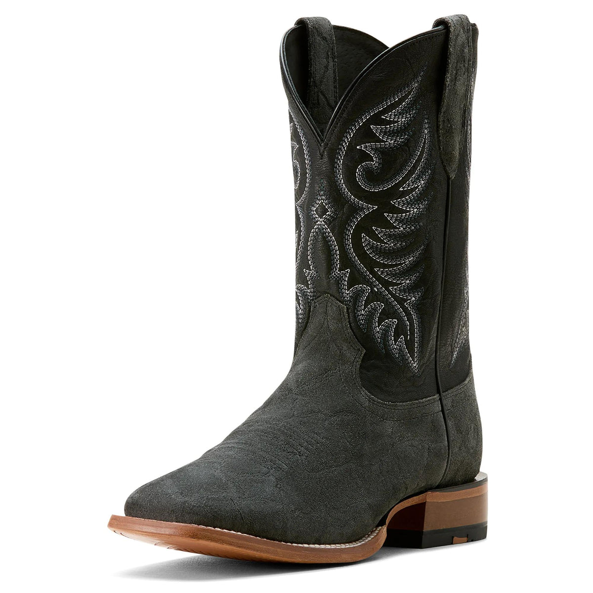 Ariat Men's Wiley Wide Square Toe Cowboy Boot, Black Elephant Roughout Print|Bayou Black – 3-4 front