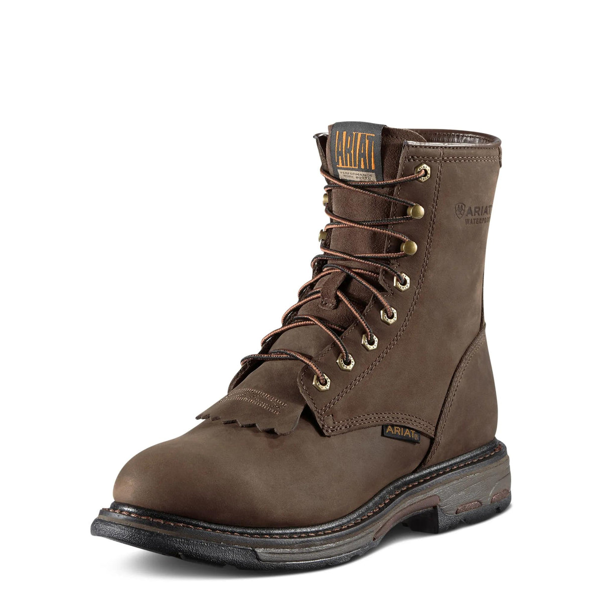 Ariat Men's WorkHog 8" Waterproof Roper Toe Work Boot, Oily Distressed Brown – 3-4 front