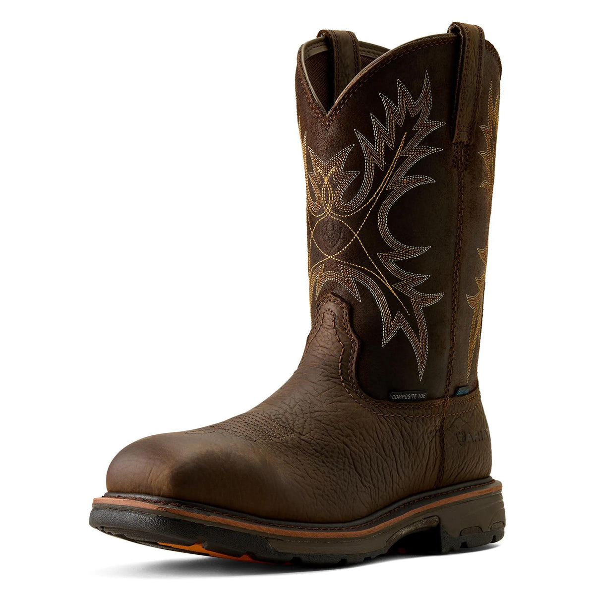 Ariat Men's WorkHog Waterproof Wide Square Toe Composite Toe Work Boot, Bruin Brown – 3-4 front
