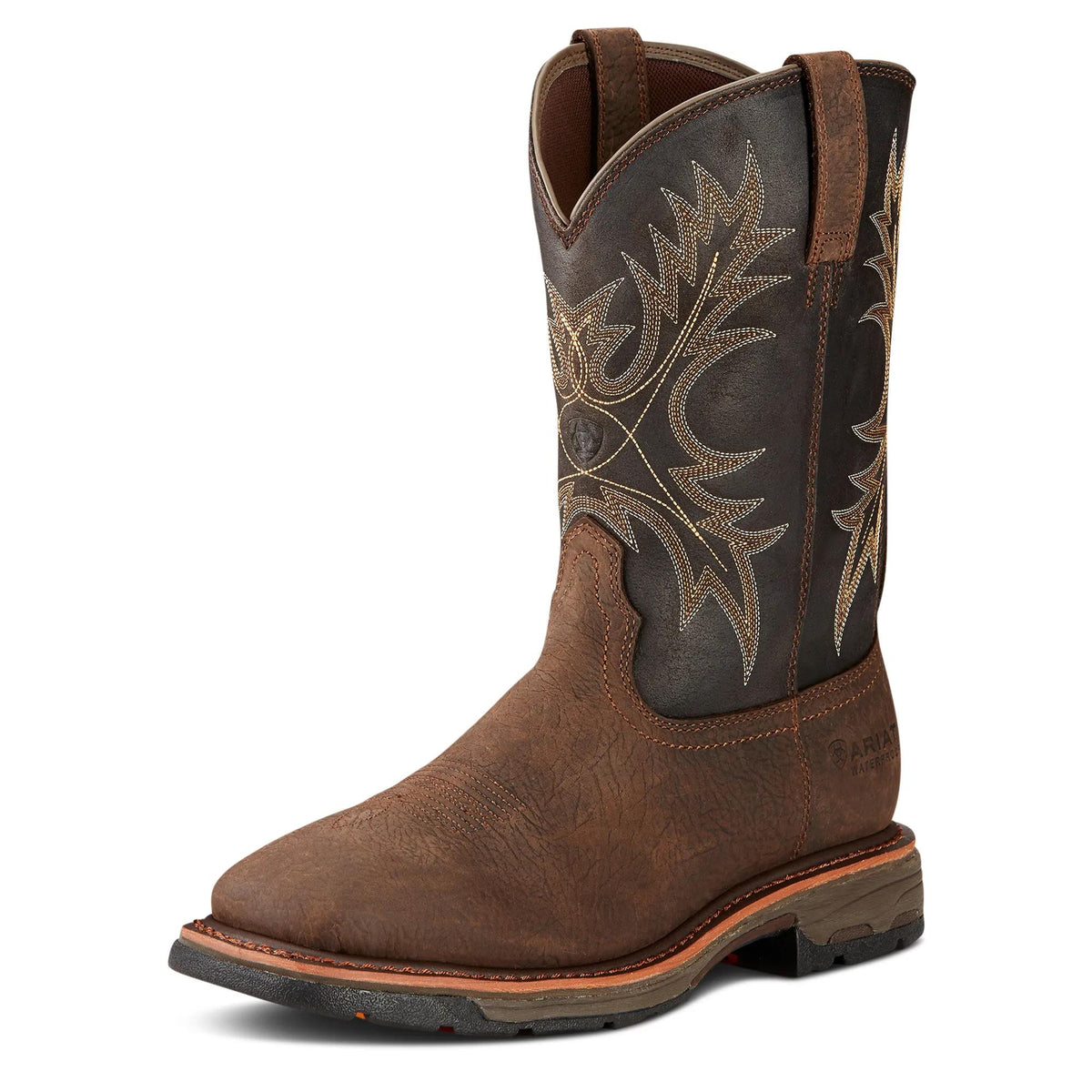 Ariat Men's WorkHog Waterproof Wide Square Toe Work Boot, Bruin Brown – 3-4 front