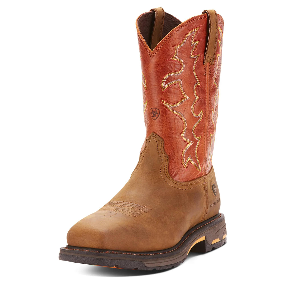 Ariat Men's WorkHog Wide Square Toe Steel Toe Work Boot, Dark Earth – 3-4 front