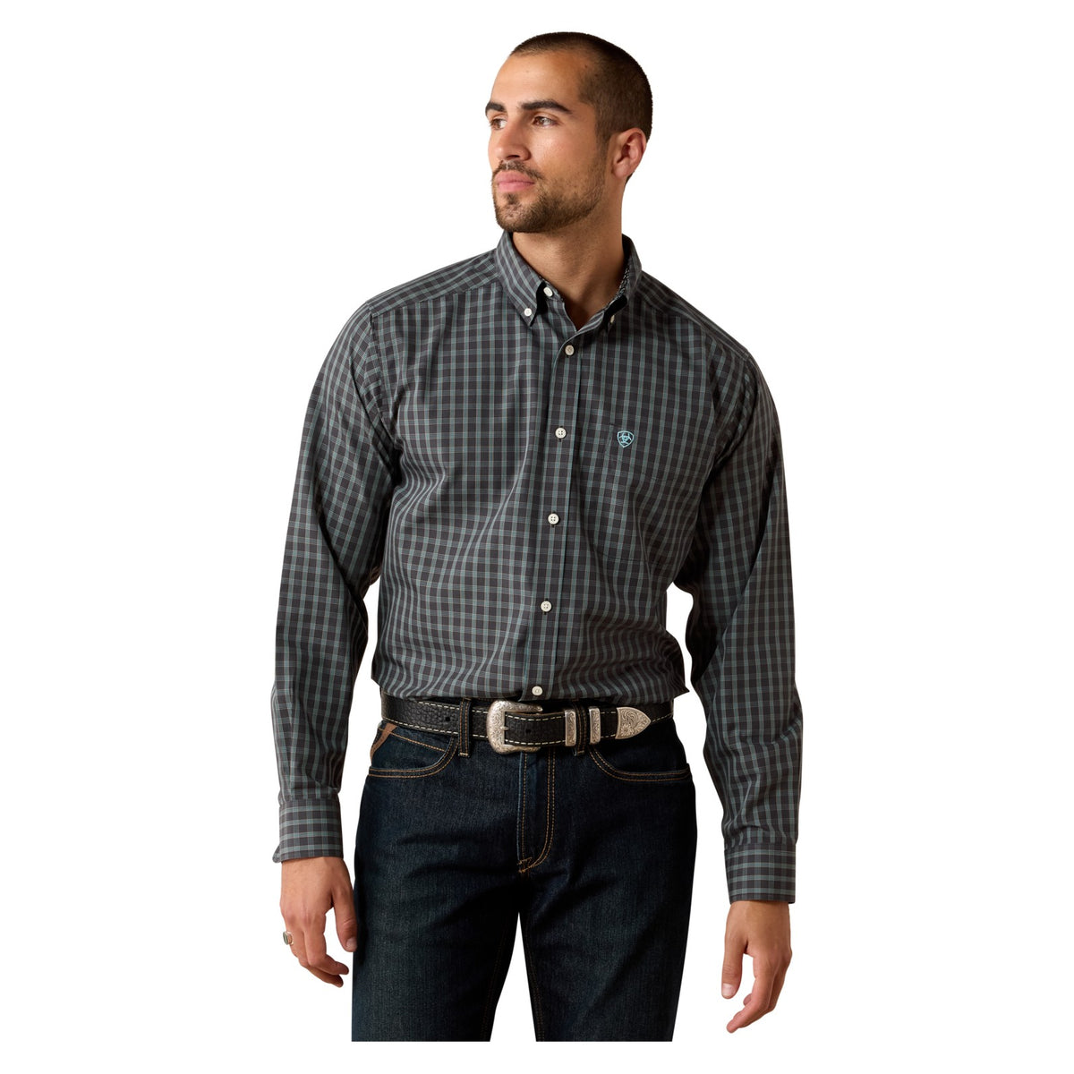 Ariat Men's Wrinkle Free Barbary Classic Fit Shirt, Black Small Plaid – front