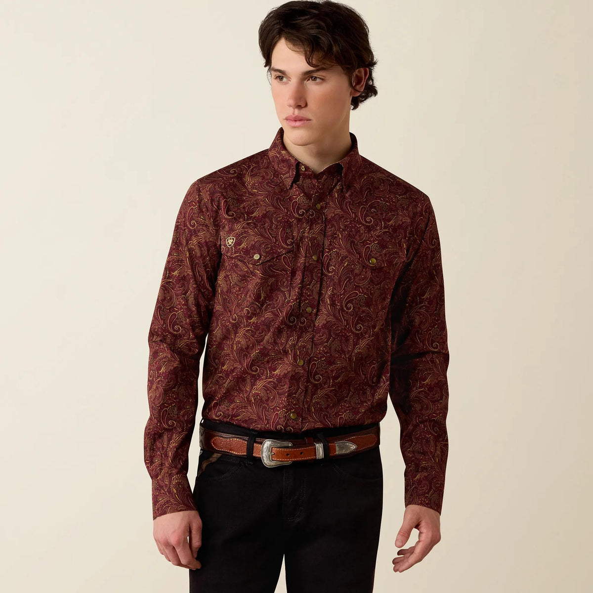 Ariat Men's Wrinkle Free Reva Classic Fit Snap Shirt, Zinfandel Paisley Print – front