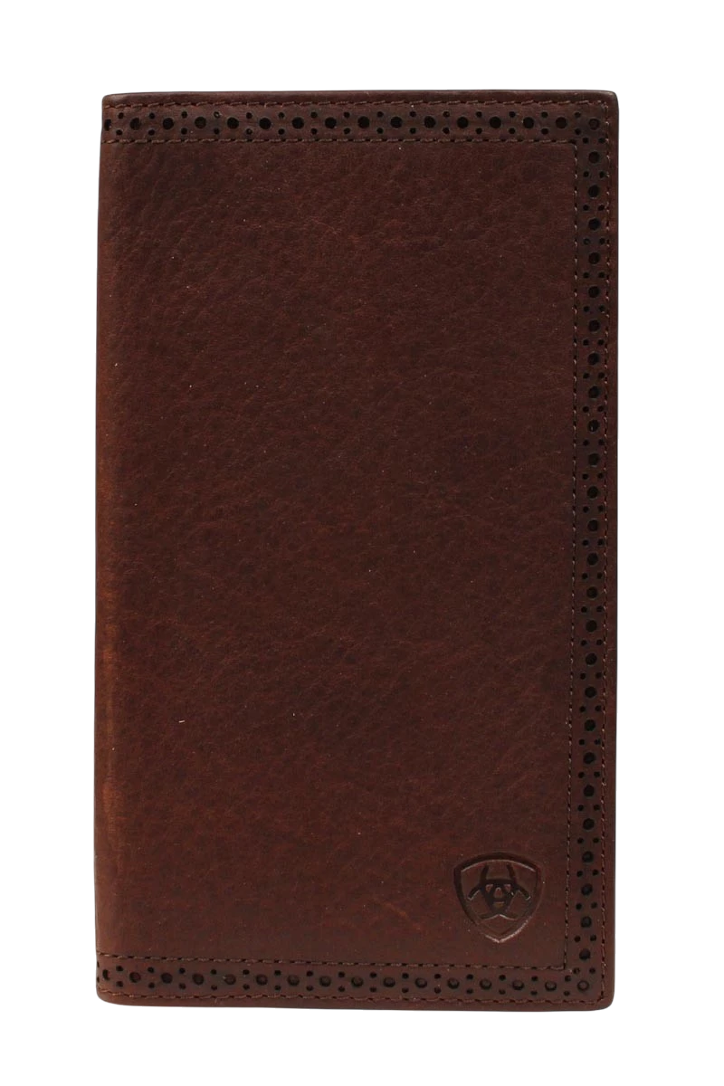 M&F Ariat Premium Brand Rodeo Wallet showing genuine leather design and detailed stitching on the front.