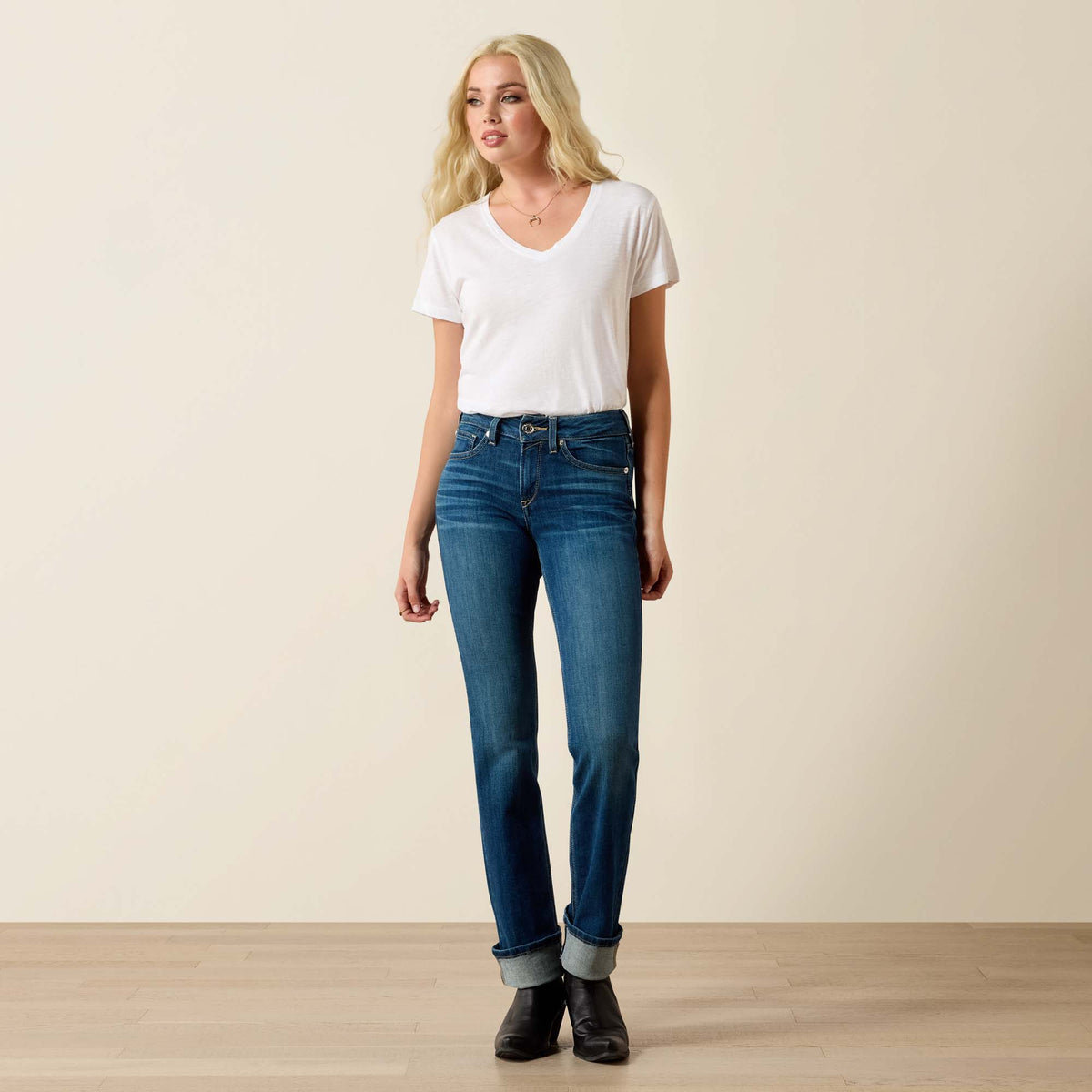 Ariat R.E.A.L. Perfect Rise Abby Straight Jean in Mackenzie, showcasing classic denim with a comfortable fit and straight-leg style.