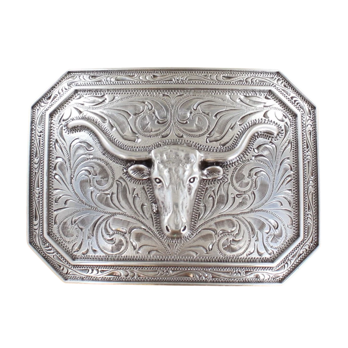 M&F Ariat rectangle Longhorn buckle belt buckle with detailed Longhorn design on polished metal surface.