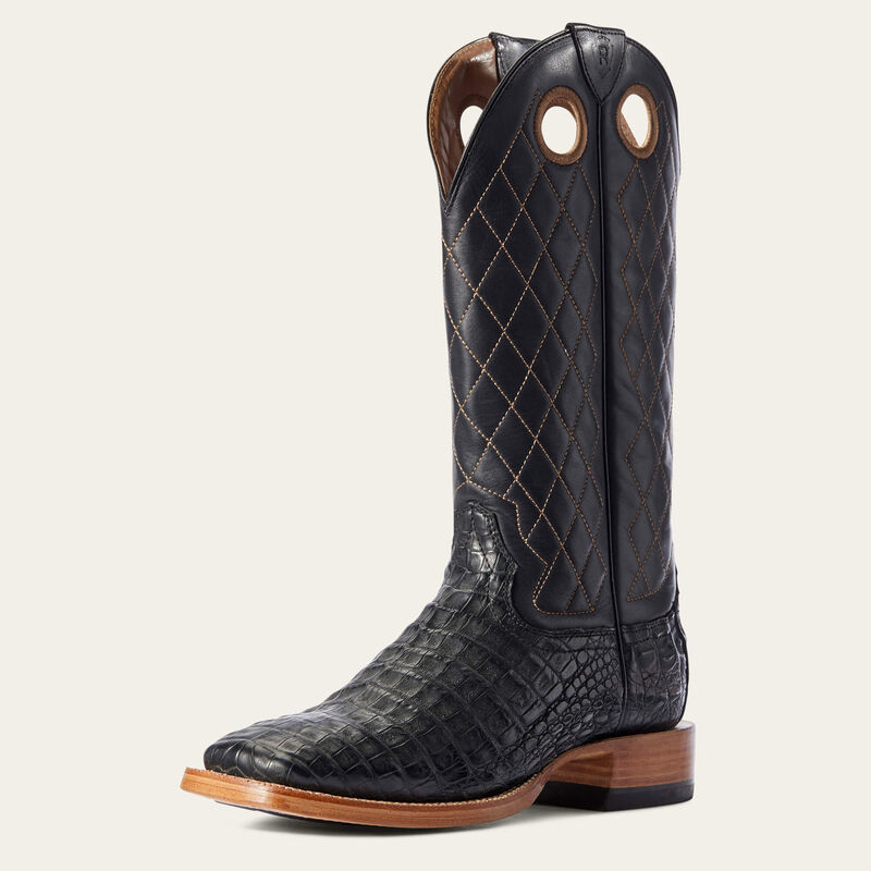 Ariat Relentless western boots in black Caiman belly leather, featuring classic stitching and a sturdy western heel.