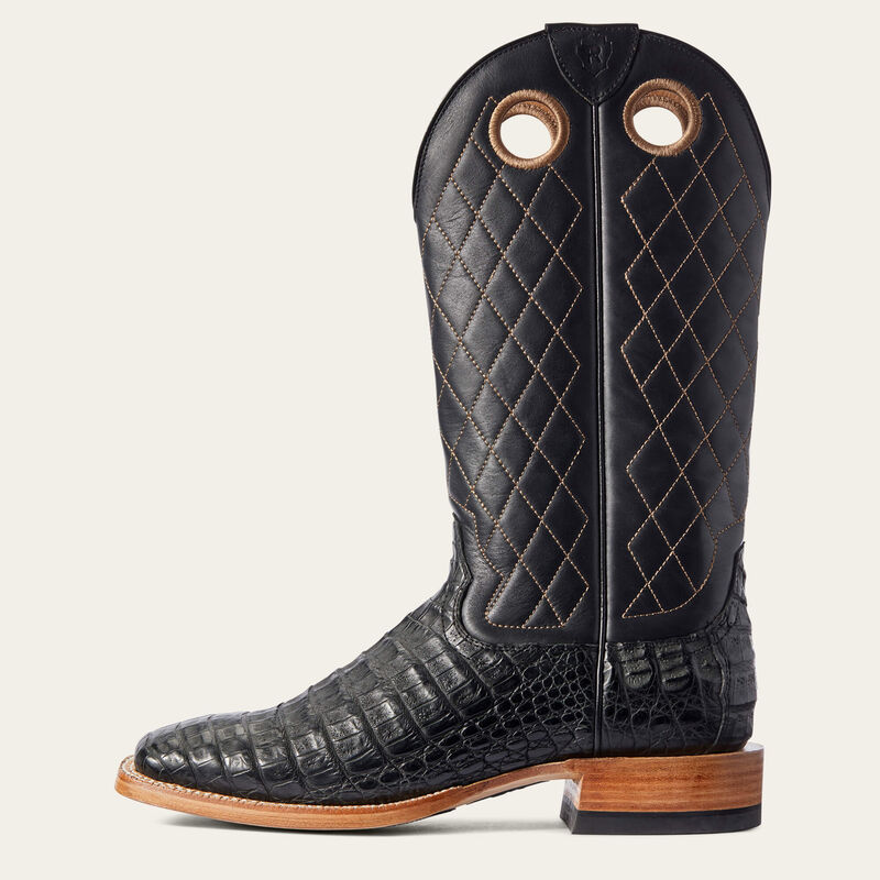 Ariat Relentless Western Boot in black caiman belly leather with pointed toe and Western stitching, stylish cowboy boot design.