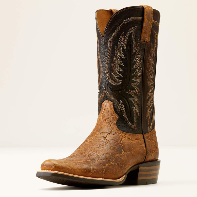 Ariat Stadtler cowboy boots in smoked tan leather with aging barrel finish, featuring classic Western boot design and stitching details.