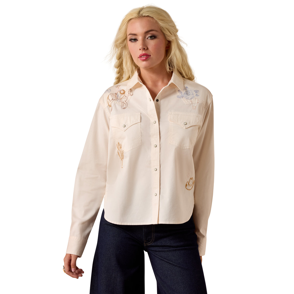 Ariat Women's Ashville embroidered snap shirt in Sea Salt, featuring detailed embroidery and a classic button-up design.