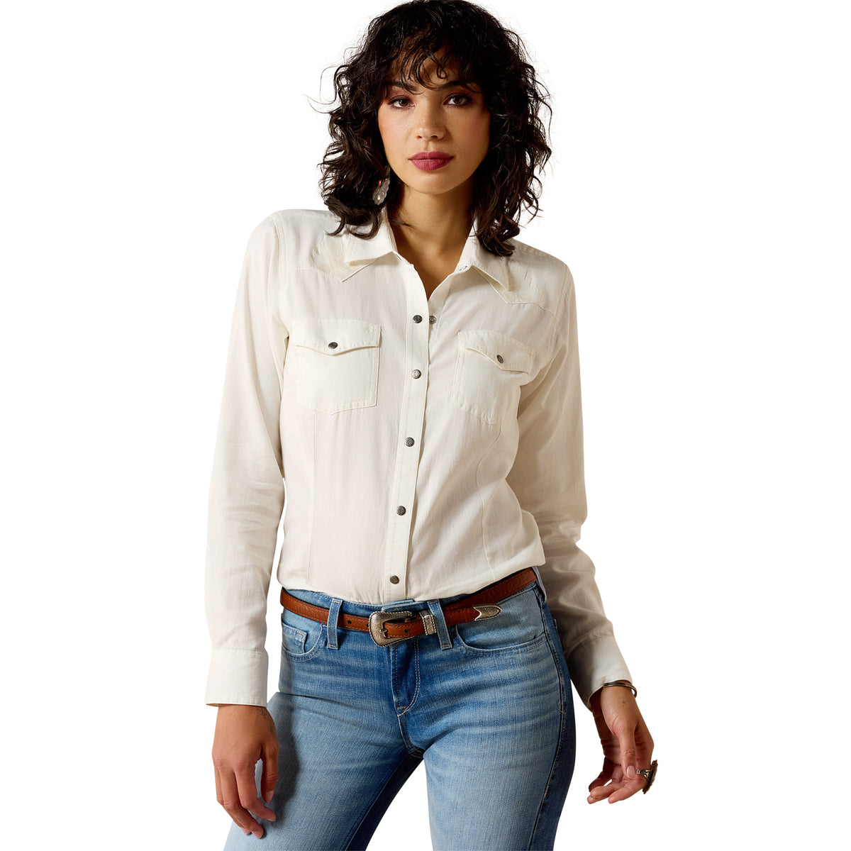Ariat Women's Bianca Western Snap Shirt in Cloud Dancer fabric, featuring classic Western style with snap closures and a tailored fit.