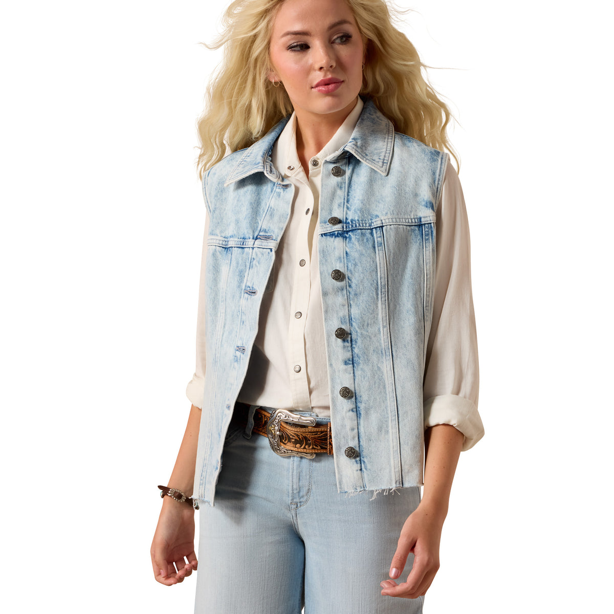 Ariat Women's Cowgirl Vest Florence featuring classic western style, brown leather with decorative stitching and button details.